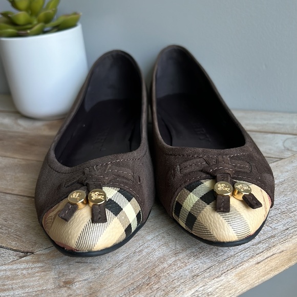 Burberry haymarket check cap toe Yates brown suede ballerina flats size 38.5 - Picture 8 of 11